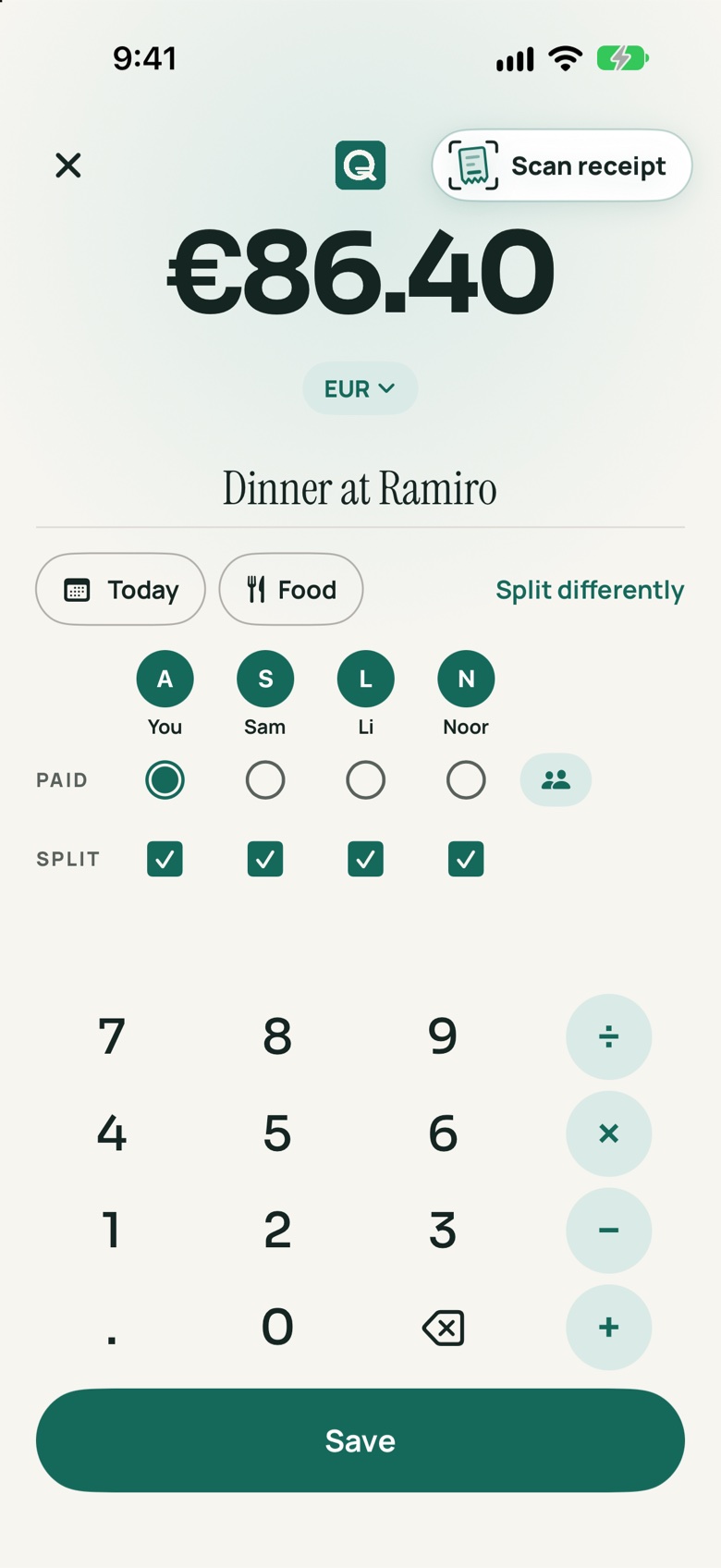 Adding a €86.40 dinner: who paid and who shares it on one row, with a keypad below.